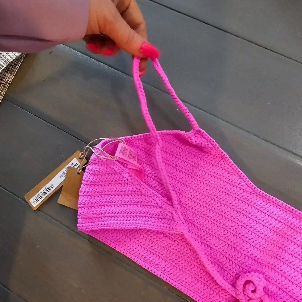 SKIMS Women's Taffy Pink Crochet Swim Scoop Bikini Top Size 2X